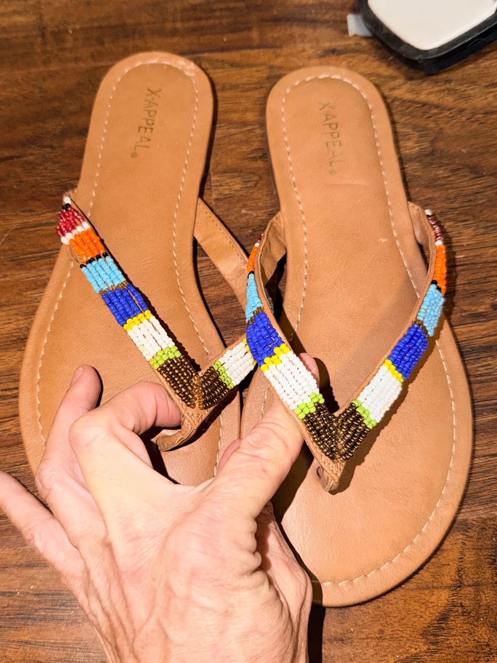 x-appeal Tan Beaded Strap Women's Sandals with Multicolor Accents
